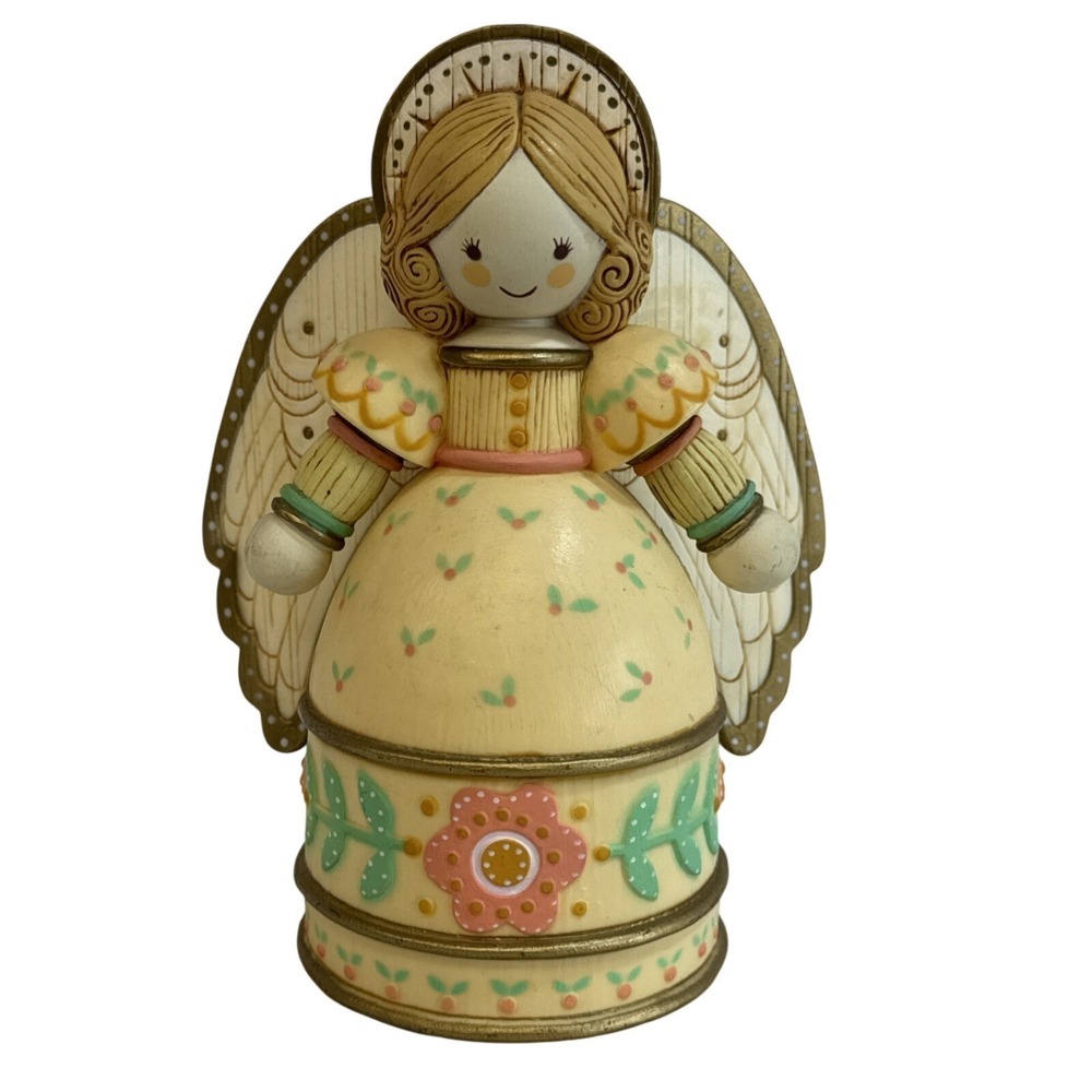 Hallmark Angel Figurine Folk Art Style Floral Cream Gold Wings Ornament Vintage